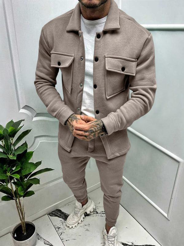 Men's outfit featuring long sleeved vintage trousers paired with a stylish jacket and casual sneakers