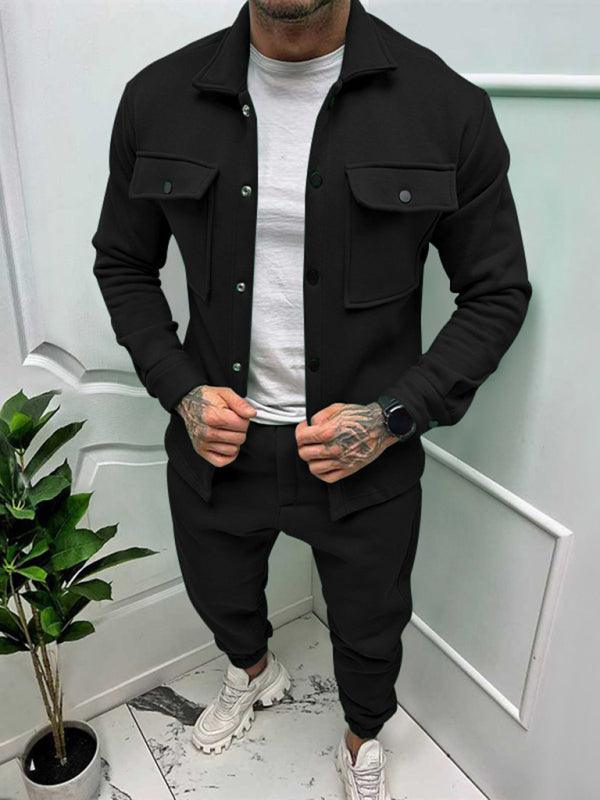 Stylish men's outfit featuring long sleeved vintage trousers with a matching jacket in black