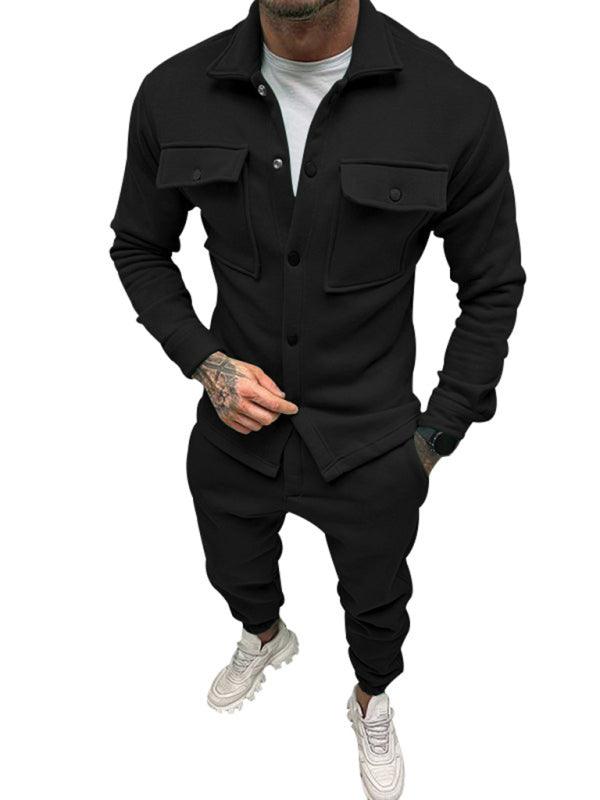 Men's long sleeved vintage trousers in black, featuring a stylish button-up shirt and jogger-style pants
