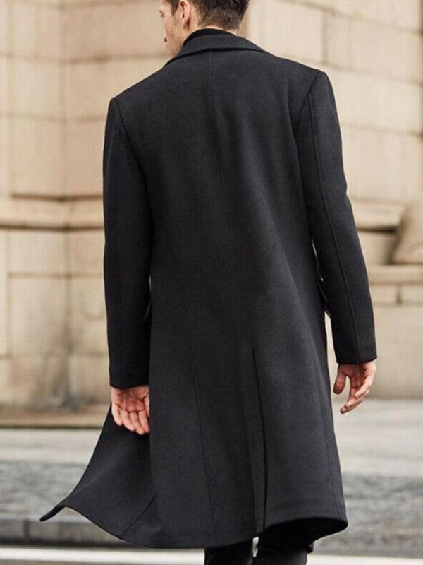 Back view of a man wearing a long woolen winter windbreaker coat in black by kakaclo