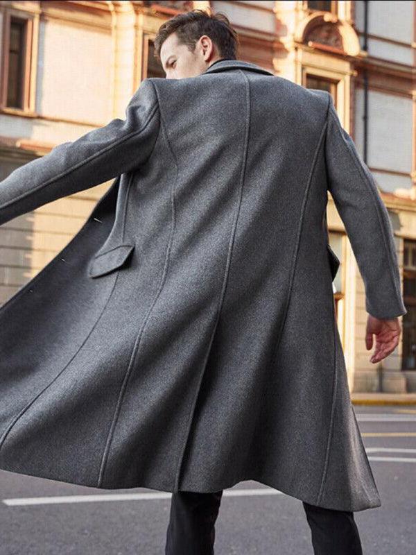 Stylish gray long woolen winter windbreaker coat for men with a classic fit and elegant design