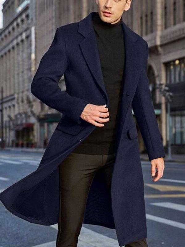 Kakaclo long woolen winter windbreaker coat in navy blue for stylish and warm outerwear