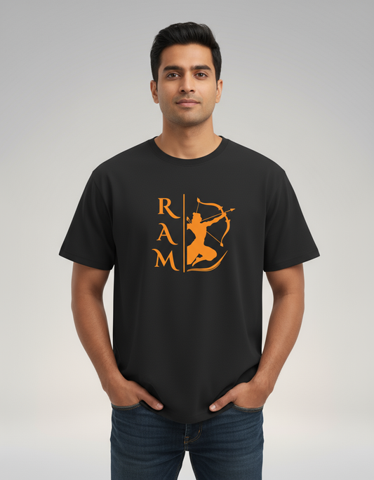 Black Lord Ram orange t shirt featuring a stylish graphic design suitable for cultural enthusiasts