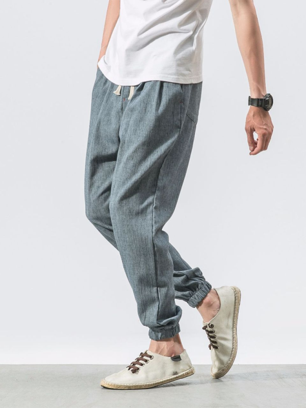 Men's linen drawstring pants in gray, perfect for casual outings and summer wear