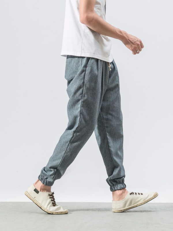 Kakaclo men's linen drawstring pants in gray with elastic cuffs for casual comfort