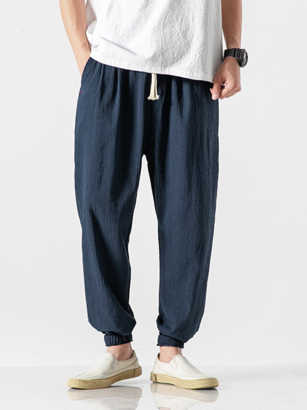 Navy Kakaclo Men's Linen Drawstring Pants with Comfortable Fit and Elastic Cuffs