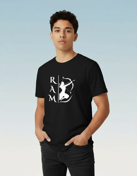 Stylish Ram god graphic t-shirt black and white featuring a bold archer design on a black background