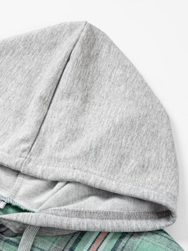 Close-up of Kakaclo retro style hoodie shirt with a soft grey hood and stylish design