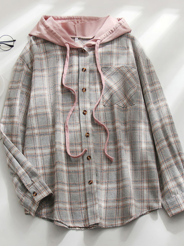 Kakaclo retro style hoodie shirt in plaid design with button front and pink hood for a trendy look