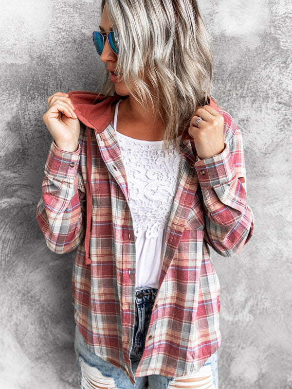 Kakaclo retro style hoodie shirt in plaid design with a stylish hood and button closure