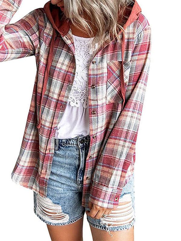 Kakaclo retro style hoodie shirt in red plaid with a casual fit, perfect for trendy outfits