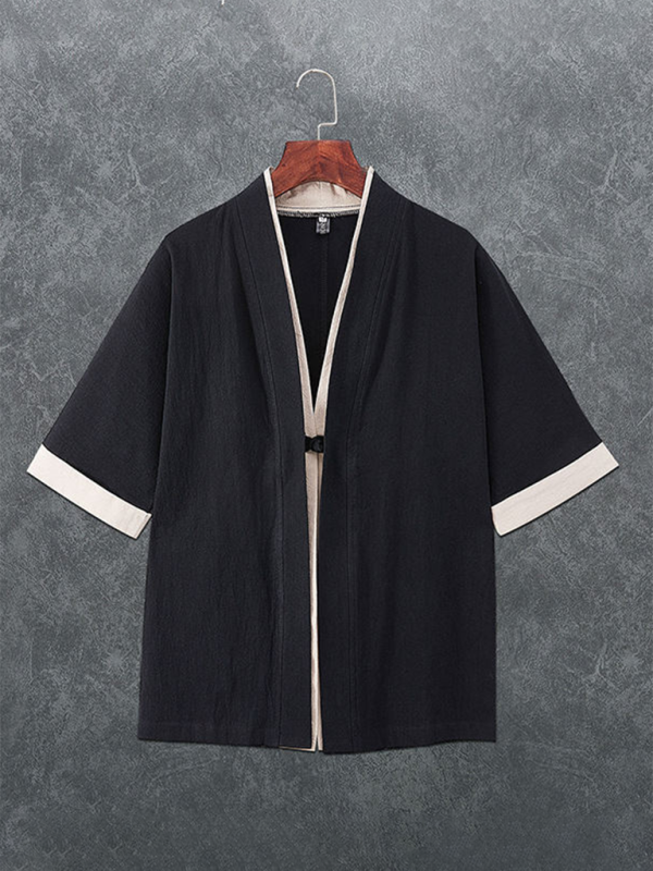 Kakaclo Vintage Linen T-Shirt Men in Black with Short Sleeves and Light Trim for Stylish Comfort