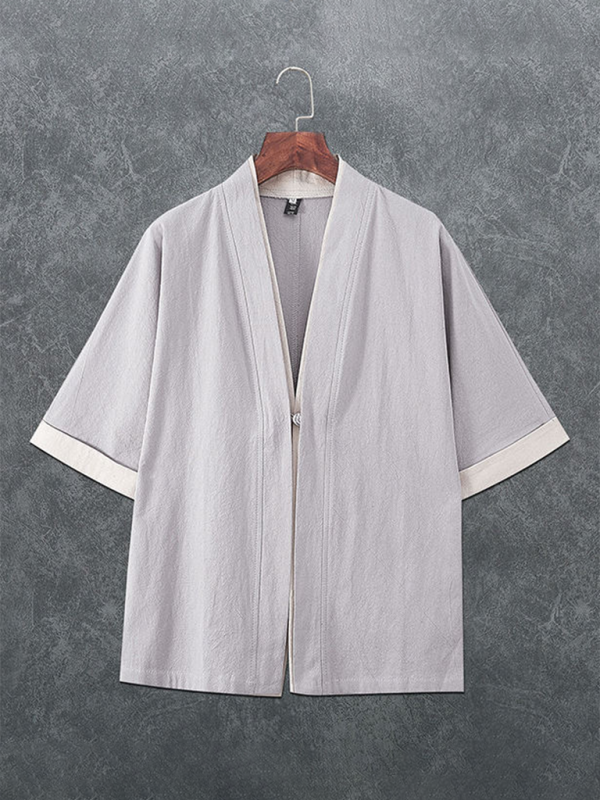 Kakaclo Vintage Linen T-Shirt Men in Light Gray with Wide Sleeves and Open Front Design