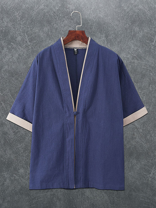 Vintage linen t-shirt men in navy blue with a relaxed fit and unique collar design