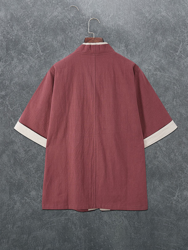 Back view of Kakaclo vintage linen t-shirt men in burgundy with loose fit and short sleeves