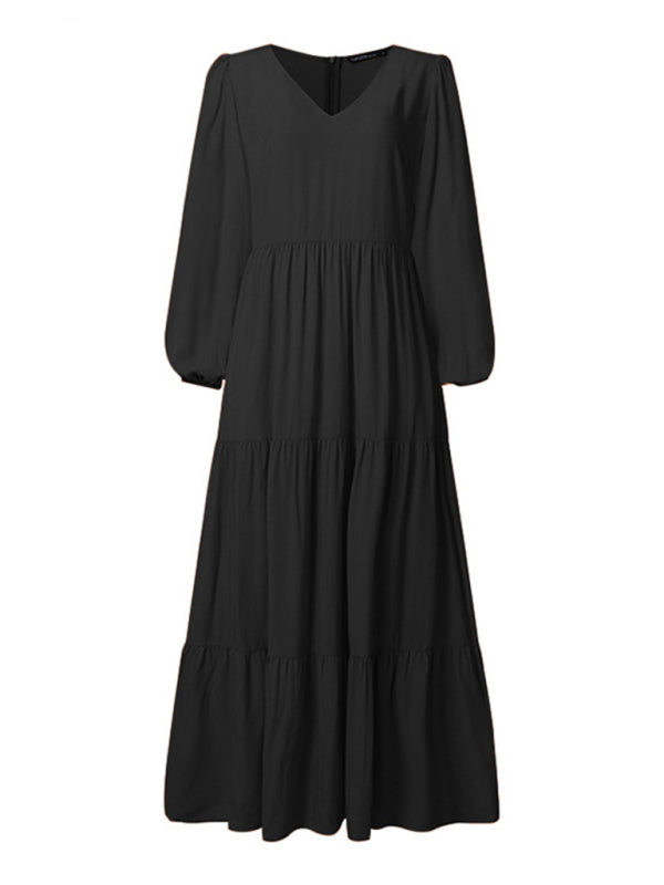 Kakaclo Black Vintage Swing Dress with Long Sleeves and Tiered Skirt for Elegant Style
