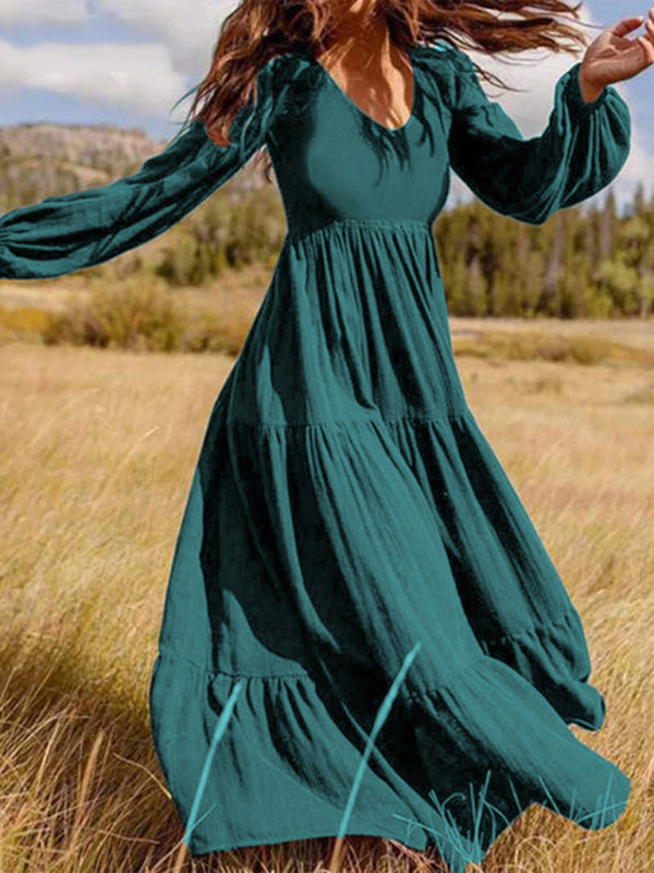 Kakaclo Vintage Swing Dress in Teal with Long Sleeves and Tiered Skirt for Effortless Style