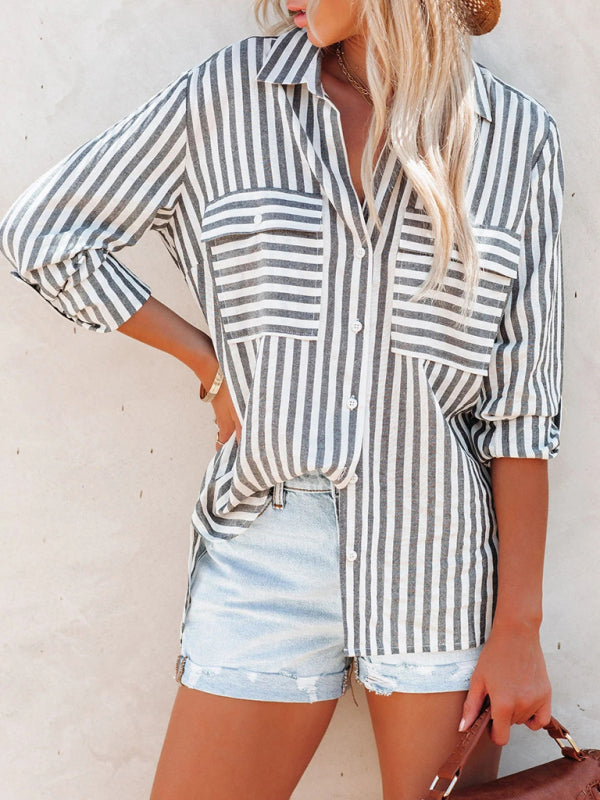 Kakaclo women's vintage stripe shirt in gray and white with two front pockets and relaxed fit