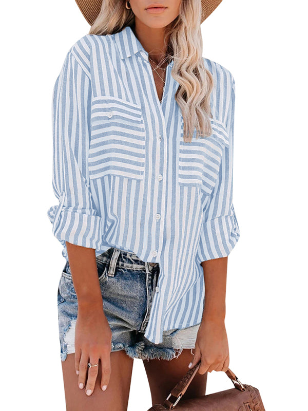Kakaclo women's vintage stripe shirt in blue and white, paired with denim shorts for a casual look