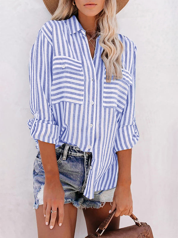 Kakaclo women's vintage stripe shirt in blue and white with a relaxed fit and button-down design
