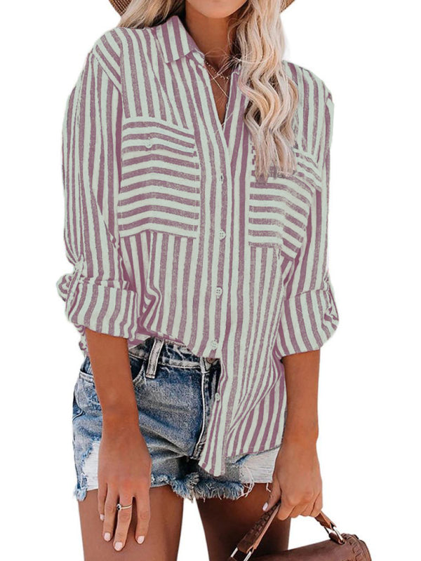 Kakaclo women's vintage stripe shirt in purple and white, paired with denim shorts for a stylish look