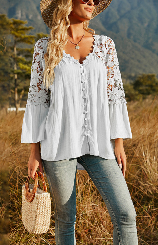 Kakaclo crochet deep V-neck top in white with lace sleeves for a stylish summer look