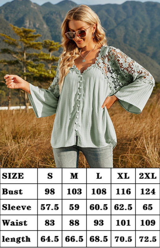 Kakaclo Crochet Deep V-neck Top in light green with lace detailing and bell sleeves for a stylish look
