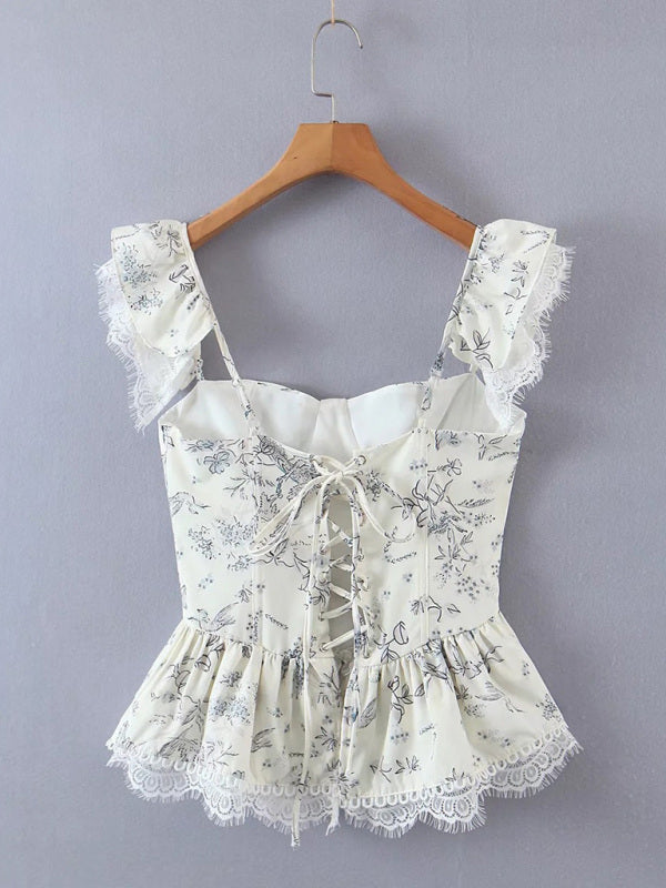 Kakaclo French style lace camisole in cream with floral print and ruffled sleeves