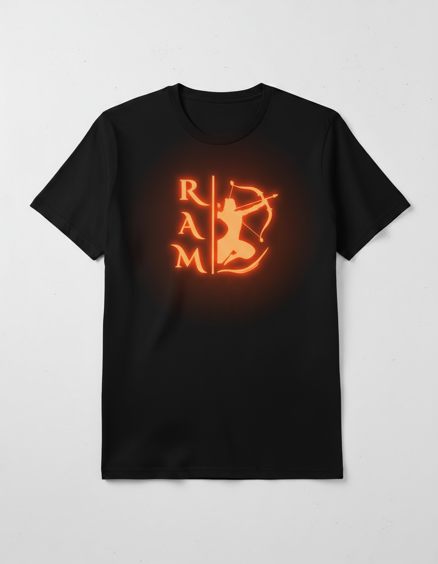 Glow in the dark ram orange graphic tee featuring an archer design on a black background