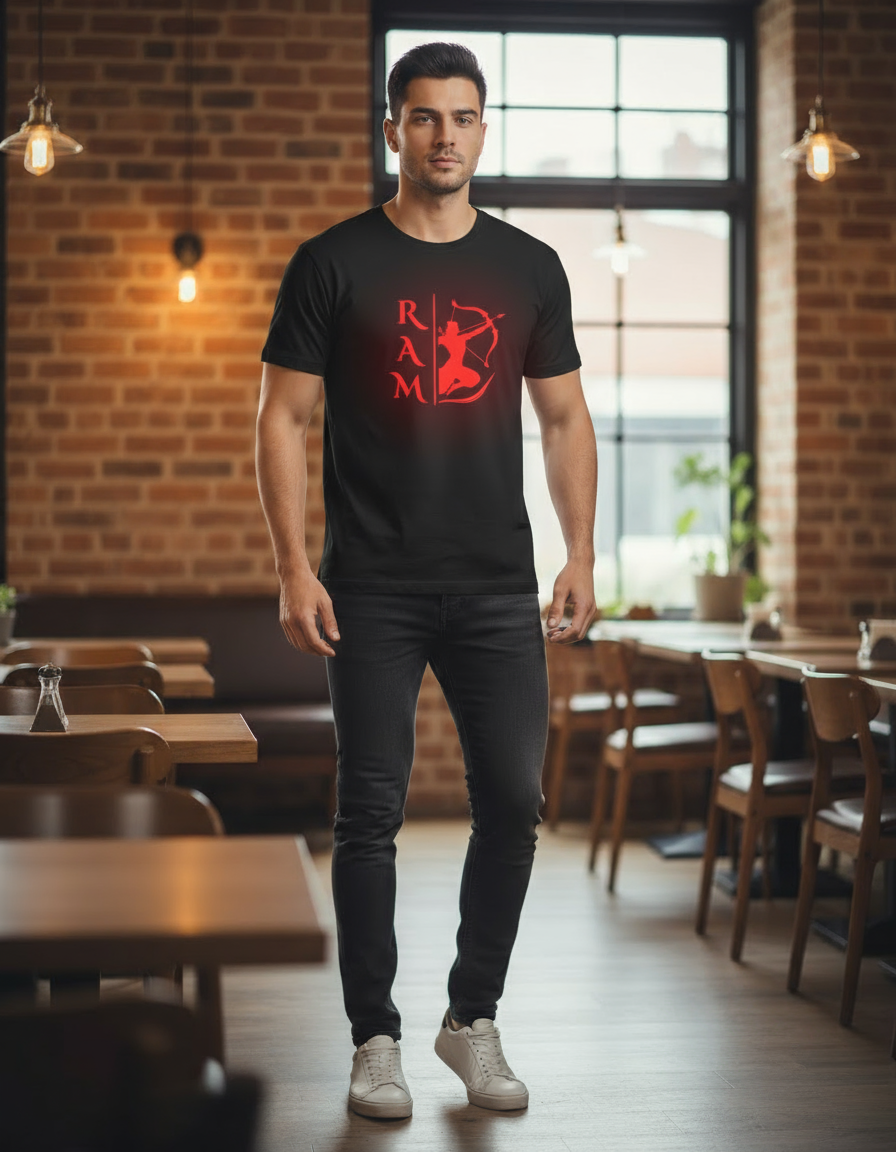 Man wearing a black Lord ram glow in the dark red shirt in a stylish cafe setting