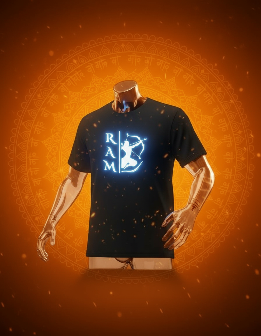 Lord Ram glow in the dark white t-shirt featuring a striking design on a black background