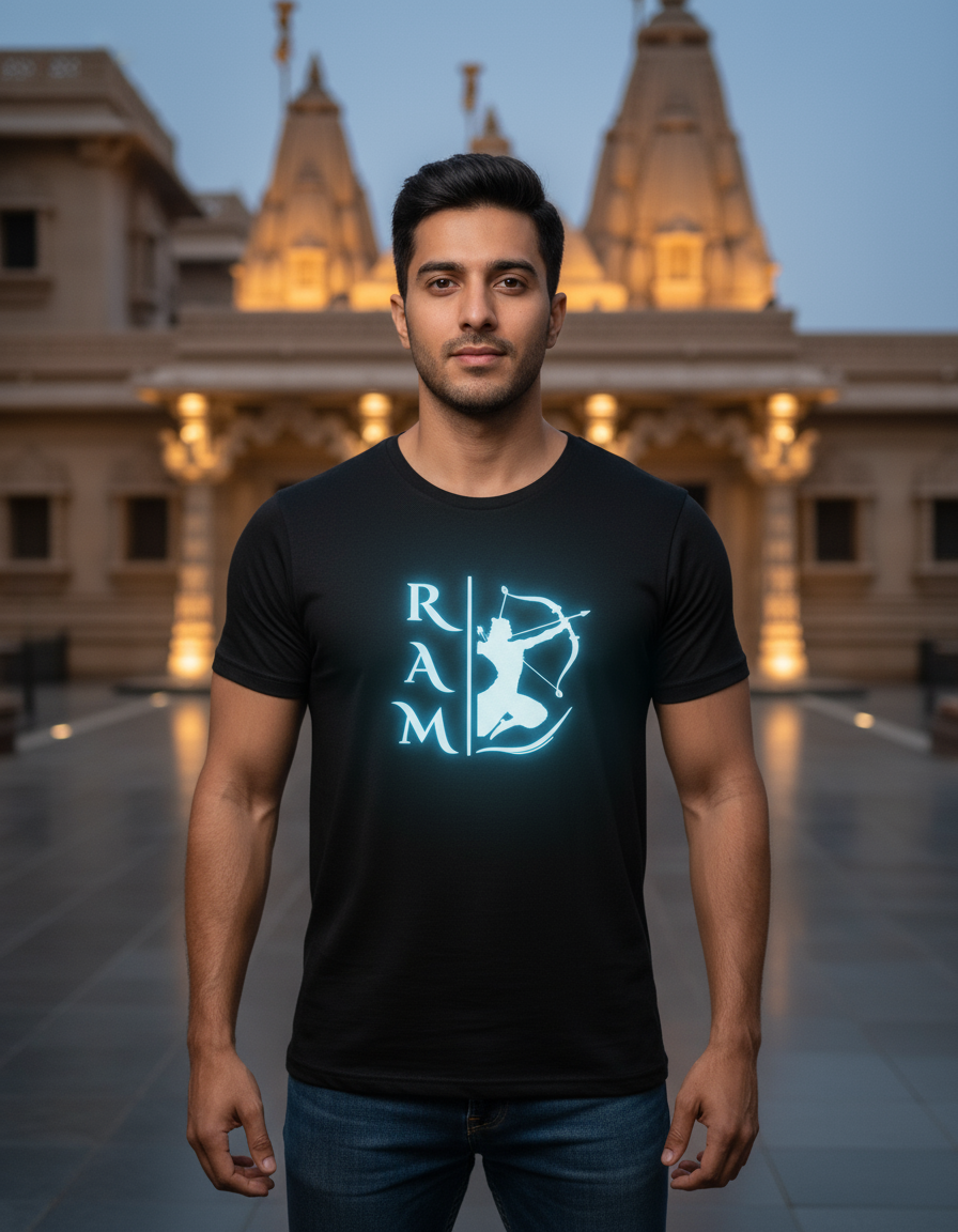 Model wearing a Lord ram glow in the dark white t-shirt in front of a temple at dusk