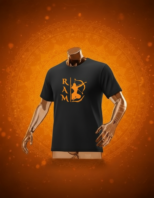 Lord Ram orange t shirt featuring a graphic design of Ram with a bow and arrow on a black background