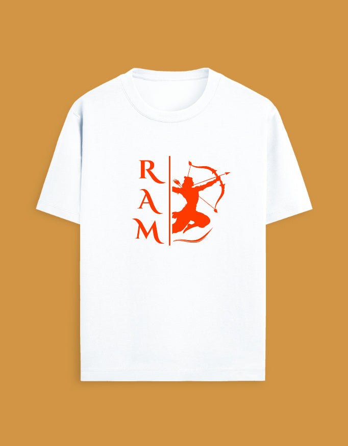 Lord Ram orange t shirt featuring a dynamic design of Ram with bow and arrow