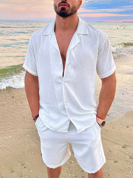 Men's summer shorts set in white, featuring a short-sleeve button-up shirt and matching shorts for beachwear