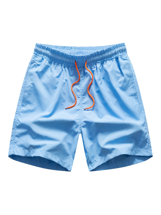 Kakaclo men's quick-dry summer shorts in light blue with elastic waistband and orange drawstring