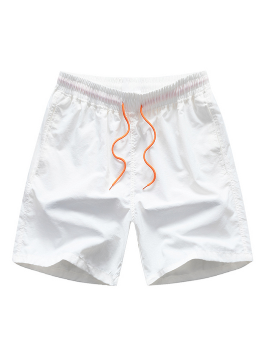 Kakaclo men's quick-dry summer shorts in white with orange drawstring for beach outings