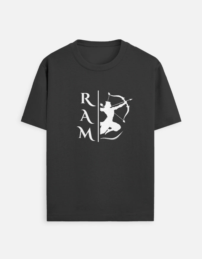 Ram god graphic t-shirt black and white featuring an archer design on a black background