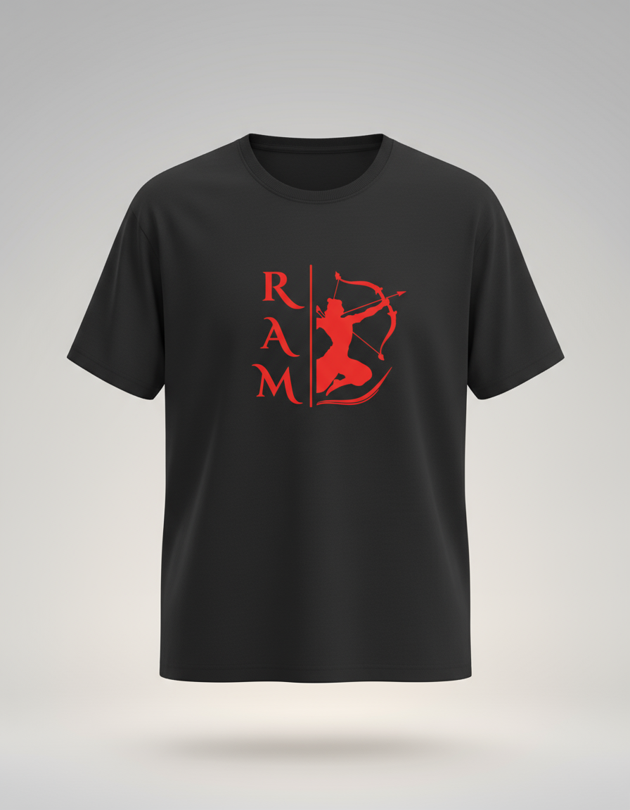 Ram print unisex red t-shirt featuring a striking archer design on a black background