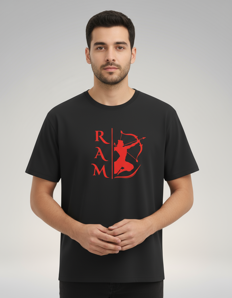 Ram print unisex red t-shirt featuring a bold archer design on a black background