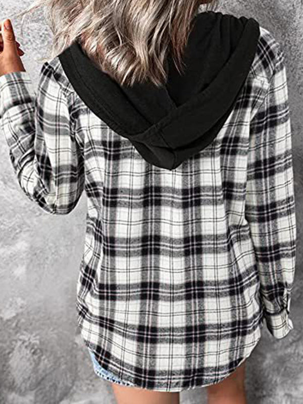 Kakaclo retro style hoodie shirt featuring a plaid design and a black hood for a casual look