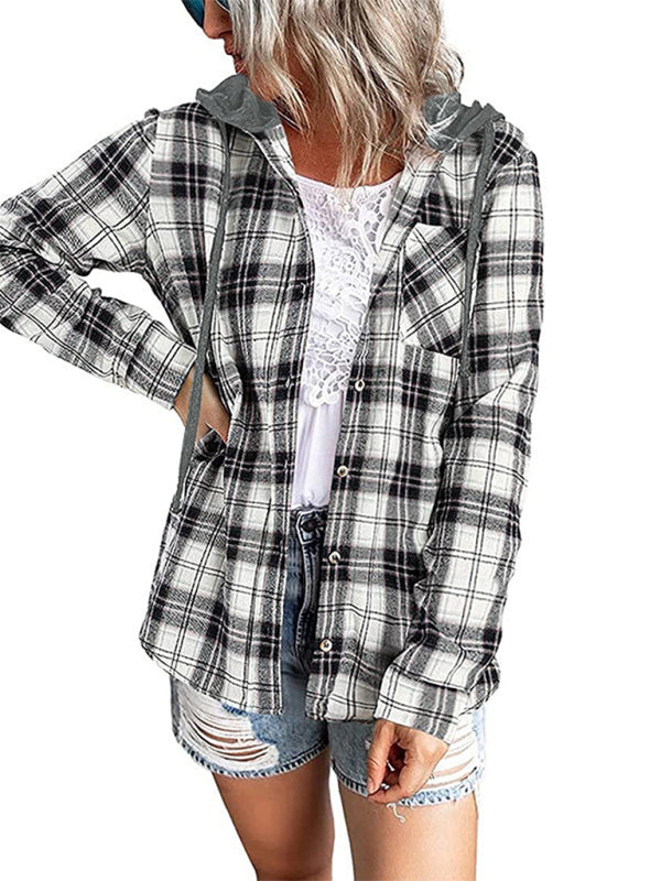 Kakaclo Retro Style Hoodie Shirt in Plaid Design with Button Closure and Pockets