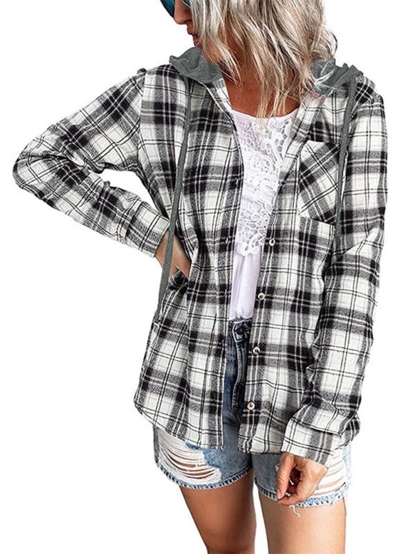 Kakaclo Retro Style Hoodie Shirt in plaid design with button-up front and hood for casual wear