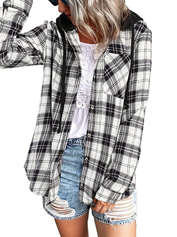 Kakaclo Retro Style Hoodie Shirt in Black and White Plaid with Casual Fit for Stylish Outfits