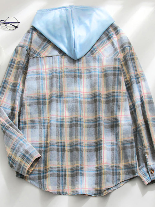 Kakaclo Retro Style Hoodie Shirt with Plaid Design and Light Blue Hood for Casual Wear