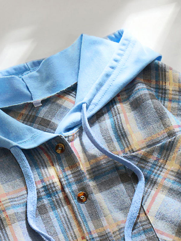 Retro style hoodie shirt with a blue hood and plaid pattern featuring wooden buttons