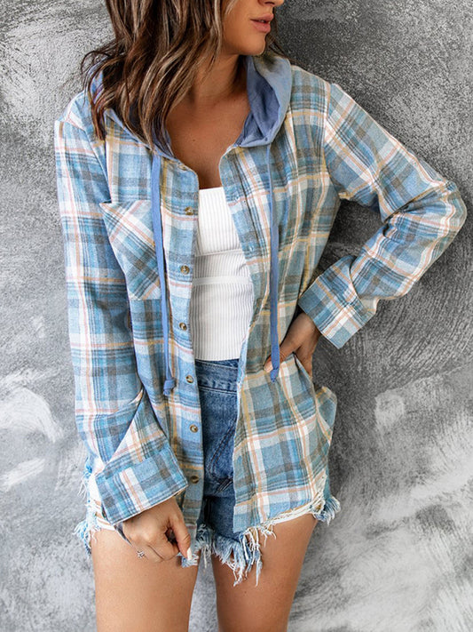 Kakaclo retro style hoodie shirt in plaid pattern with pockets and button-down front