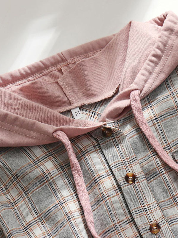 Kakaclo retro style hoodie shirt with plaid design and button-down front in pink and gray tones