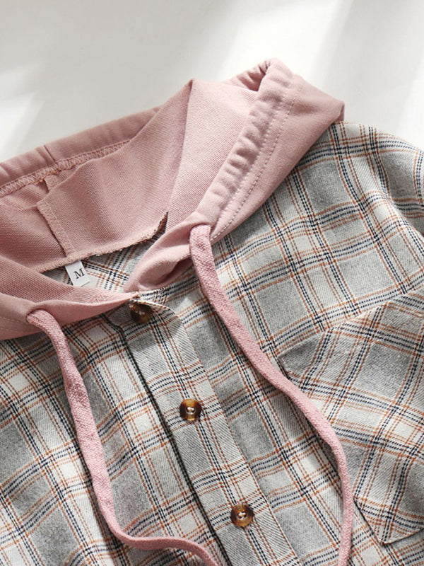 Kakaclo Retro Style Hoodie Shirt in plaid design with pink accents and buttons for casual wear