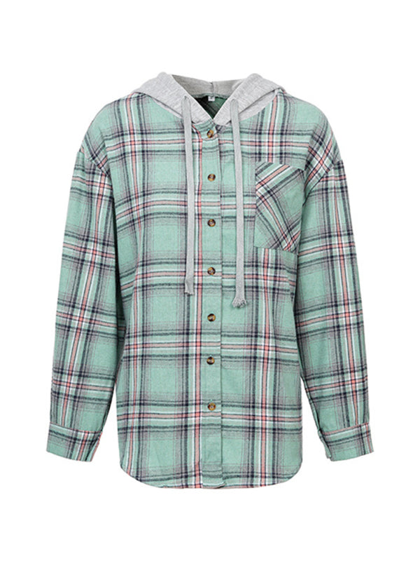 Kakaclo Retro Style Hoodie Shirt in Green and Grey with Plaid Pattern and Button Closure